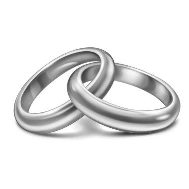 Bir çift parlak, parlak, cilalı gümüş alyans birlikteliği ve aşkı simgeliyor. Yumuşak gölgeli, beyaz arkaplanda.