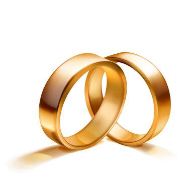 Bir çift basit, parlak, parlak altın alyanslar yan yana yerleştirilmiş birlikteliği ve aşkı simgeliyor. Yumuşak gölgeli, beyaz arkaplanda.