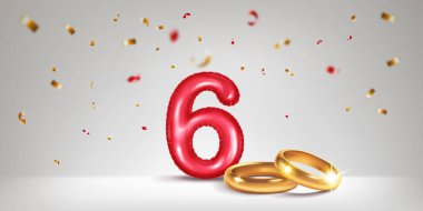 A red number 6 in the form of an inflatable balloon with two gold wedding rings, symbolizing the celebration of the sixth wedding anniversary, unity and love, surrounded by colorful confetti, on light background.