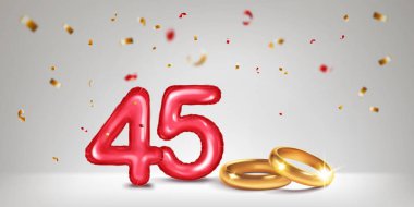 Kırk beşinci evlilik yıldönümü kutlamasını simgeleyen, şişme balon şeklinde bir 45 numara. Renkli konfetilerle çevrili, açık arkaplandaki birliktelik ve aşk..
