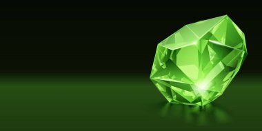 Işıl ışıl, parlak yeşil bir renge sahip parlak bir kristal. Koyu bir arka plan üzerine kurulmuş. Işıl ışıl yüzeyi ve karmaşık kesikleri vurguluyor..