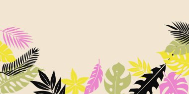 Siyah, pembe, sarı ve yeşil renkli tropikal yaprakların bej arkaplan, minimalist tasarım üzerindeki güzel vektör çizimi.