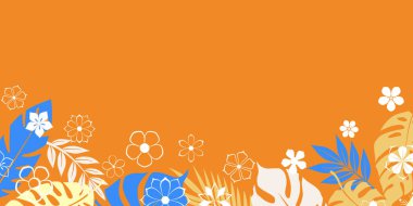 Sıcak turuncu arka planda tropikal çiçekler ve gür yapraklar içeren canlı bir vektör çizimi, yaz temalı tasarımlar için mükemmel..