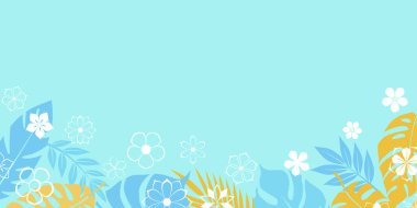 Açık mavi arka planda tropikal çiçekler ve yemyeşil yapraklar içeren canlı bir vektör çizimi, yaz temalı tasarımlar için mükemmel..