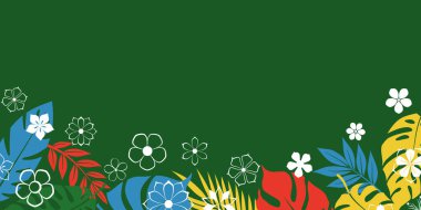 Yeşil arka planda tropikal çiçekler ve yemyeşil yapraklardan oluşan canlı bir vektör çizimi.