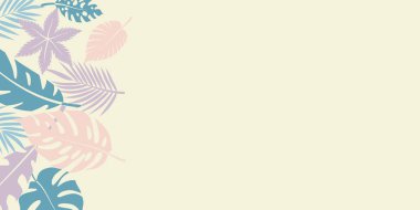 Açık arkaplanda Pastel tropikal yapraklar vektör çizimi, yumuşak renklerde minimalist tasarım, modern estetik.