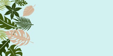 Açık mavi arka planda stilize tropikal yaprakları olan vektör çizimi. Yapraklar çeşitli yeşil ve bej tonlarında tasvir edilir, taze ve canlı bir görünüm yaratır..