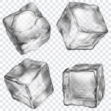 Şeffaf bir arkaplanda izole edilmiş, gri renkli dört gerçekçi yarı şeffaf buz kübü. Sadece vektör biçiminde şeffaflık.