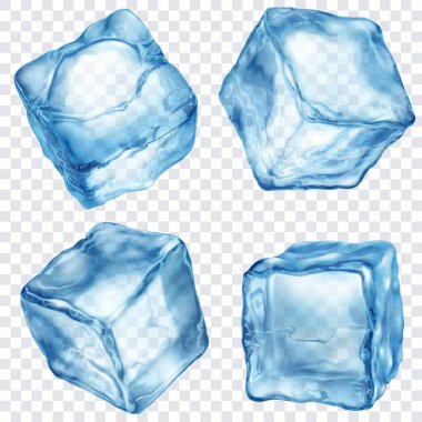 Şeffaf bir arkaplanda izole edilmiş, mavi renkte dört gerçekçi yarı şeffaf buz kübü. Sadece vektör biçiminde şeffaflık.
