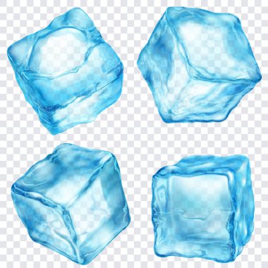 Şeffaf bir arkaplanda izole edilmiş, açık mavi renkli dört gerçekçi yarı şeffaf buz kübü. Sadece vektör biçiminde şeffaflık.