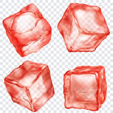 Şeffaf bir arkaplanda izole edilmiş, kırmızı renkte dört gerçekçi yarı şeffaf buz kübü. Sadece vektör biçiminde şeffaflık.