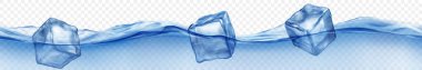 Şeffaf arka planda izole edilmiş, dalgalı suda yüzen üç şeffaf buz küpü. Mavi renklerde yatay pankart. Sadece vektör biçiminde şeffaflık.