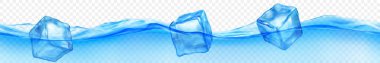 Şeffaf arka planda izole edilmiş, dalgalı suda yüzen üç şeffaf buz küpü. Açık mavi renklerde yatay pankart. Sadece vektör biçiminde şeffaflık.