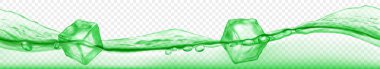 Şeffaf arka planda izole edilmiş, dalgalı suda yüzen üç şeffaf buz küpü. Yeşil renklerde yatay pankart. Sadece vektör biçiminde şeffaflık.