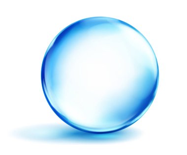 Büyük, şeffaf, pürüzsüz mavi küre. Altında gölgeler var. Beyaz arkaplanda. Tasarım projeleri ve yaratıcı çalışmalar için vektör illüstrasyonu.
