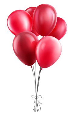 Beyaz zemin üzerinde kırmızı renkli altı balon olan vektör çizimi. Balonlar, altta fiyonk oluşturan basit bir kurdeleyle birbirine bağlıdır. Parti veya olay tasarımları için ideal.