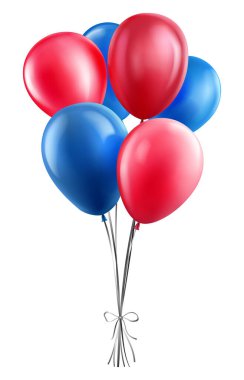 Beyaz zemin üzerinde kırmızı ve mavi renkli altı balon olan vektör çizimi. Balonlar, altta fiyonk oluşturan basit bir kurdeleyle birbirine bağlıdır. Parti veya olay tasarımları için ideal.