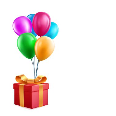Altın kurdeleyle süslenmiş kırmızı bir hediye kutusunun dijital bir çizimi, beyaz arka planda altı renkli balona bağlanmış..
