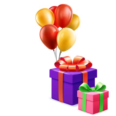 Beyaz zemin üzerinde kırmızı ve altın balonlar olan hediye kutularının dijital çizimi.