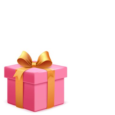 Parlak altın bir kurdeleyle süslenmiş pembe bir hediye kutusu ve beyaz bir arka planda fiyonk..