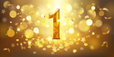 Altın bir numara, mücevherimsi görünümlü, yumuşak bokeh ışıkları ve dağınık altın yıldızlarla dolu sıcak, altın bir zemin üzerine kurulmuş, şenlikli ve kutlayıcı bir atmosfer yaratıyor..