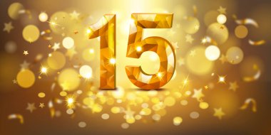 Mücevher görünümlü, yumuşak bokeh ışıkları ve dağınık altın yıldızlarla dolu sıcak, altın bir zemin üzerine kurulmuş, neşeli ve kutlayıcı bir atmosfer yaratan 15 numaralı altın sayı..