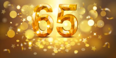 Altmış beş numara, mücevherimsi görünümlü, yumuşak bokeh ışıkları ve dağınık altın yıldızlarla dolu sıcak, altın bir zemin üzerine kurulmuş, neşeli ve kutlayıcı bir atmosfer yaratıyor..