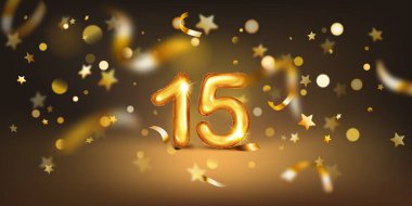 15 numaralı altın balon yumuşak bokeh ışıkları ve dağınık altın yıldızlar ve kurdelelerle dolu karanlık bir zemin üzerine kurulmuş, neşeli ve kutlayıcı bir atmosfer yaratıyor..