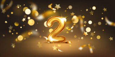 2 numaralı altın balon, yumuşak bokeh ışıkları ve dağınık altın yıldızlar ve kurdelelerle dolu karanlık bir zemin üzerine kurulmuş, neşeli ve kutlayıcı bir atmosfer yaratıyor..