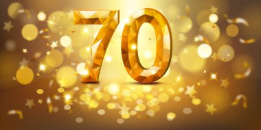 Altından 70 numara, mücevherimsi görünümlü, yumuşak bokeh ışıkları ve dağınık altın yıldızlarla dolu sıcak, altın bir zemin üzerine kurulmuş, neşeli ve kutlayıcı bir atmosfer yaratıyor..