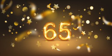 65 numaralı altın balon yumuşak bokeh ışıkları ve dağınık altın yıldızlar ve kurdelelerle dolu karanlık bir zemin üzerine kurulmuş, neşeli ve kutlayıcı bir atmosfer yaratıyor..