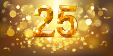 25 numaralı altın rakamlı, mücevherimsi görünümlü, yumuşak bokeh ışıkları ve dağınık altın yıldızlarla dolu sıcak, altın bir zemin üzerine kurulmuş, neşeli ve kutlayıcı bir atmosfer yaratıyor..