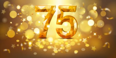75 numaralı altın rakamlı, mücevherimsi görünümlü, yumuşak bokeh ışıkları ve dağınık altın yıldızlarla dolu sıcak, altın bir zemin üzerine kurulmuş, neşeli ve kutlayıcı bir atmosfer yaratıyor..