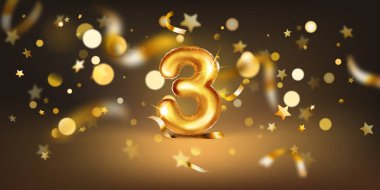 3 numaralı altın balon, yumuşak bokeh ışıkları ve dağınık altın yıldızlar ve kurdelelerle dolu karanlık bir zemin üzerine kurulmuş, neşeli ve kutlayıcı bir atmosfer yaratıyor..