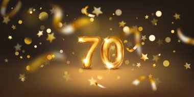 70 numaralı altın balon yumuşak bokeh ışıkları ve dağınık altın yıldızlar ve kurdelelerle dolu karanlık bir zemin üzerine kurulmuş, neşeli ve kutlayıcı bir atmosfer yaratıyor..