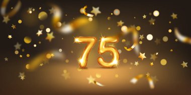 75 numaralı altın balon yumuşak bokeh ışıkları ve dağınık altın yıldızlar ve kurdelelerle dolu karanlık bir zemin üzerine kurulmuş, neşeli ve kutlayıcı bir atmosfer yaratıyor..