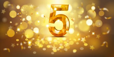 Altın 5 numara, mücevherimsi görünümlü, yumuşak bokeh ışıkları ve dağınık altın yıldızlarla dolu sıcak, altın bir zemin üzerine kurulmuş, neşeli ve kutlayıcı bir atmosfer yaratıyor..