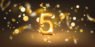 5 numaralı altın balon, yumuşak bokeh ışıkları ve dağınık altın yıldızlar ve kurdelelerle dolu karanlık bir zemin üzerine kurulmuş, neşeli ve kutlayıcı bir atmosfer yaratıyor..