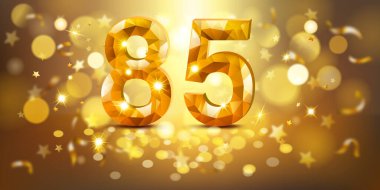 85 numaralı altın rakamlı, mücevherimsi görünümlü, yumuşak bokeh ışıkları ve dağınık altın yıldızlarla dolu sıcak, altın bir zemin üzerine kurulmuş, neşeli ve kutlayıcı bir atmosfer yaratıyor..