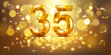 35 numaralı altın rakamlı, mücevherimsi görünümlü, yumuşak bokeh ışıkları ve dağınık altın yıldızlarla dolu sıcak, altın bir zemin üzerine kurulmuş, neşeli ve kutlayıcı bir atmosfer yaratıyor..