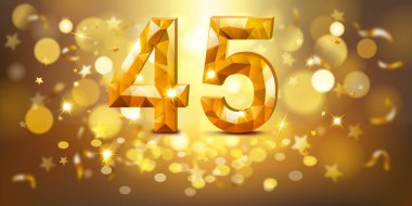 45 numaralı altın rakamlı, mücevherimsi görünümlü, yumuşak bokeh ışıkları ve dağınık altın yıldızlarla dolu sıcak, altın bir zemin üzerine kurulmuş, neşeli ve kutlayıcı bir atmosfer yaratıyor..