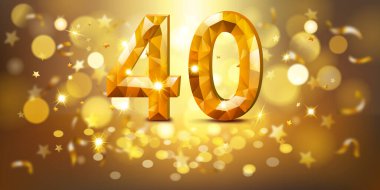 Altın rengi 40 numara, mücevherimsi görünümlü, yumuşak bokeh ışıkları ve dağınık altın yıldızlarla dolu sıcak, altın bir zemin üzerine kurulmuş, neşeli ve kutlayıcı bir atmosfer yaratıyor..