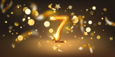 7 numaralı altın balon, yumuşak bokeh ışıkları ve dağınık altın yıldızlar ve kurdelelerle dolu karanlık bir zemin üzerine kurulmuş, neşeli ve kutlayıcı bir atmosfer yaratıyor..