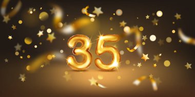 35 numaralı altın balon, yumuşak bokeh ışıkları ve dağınık altın yıldızlar ve kurdelelerle dolu karanlık bir zemin üzerine kurulmuş, neşeli ve kutlayıcı bir atmosfer yaratıyor..