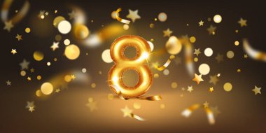 8 numaralı altın balon, yumuşak bokeh ışıkları ve dağınık altın yıldızlar ve kurdelelerle dolu karanlık bir zemin üzerine kurulmuş, neşeli ve kutlayıcı bir atmosfer yaratıyor..