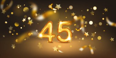 45 numaralı altın balon, arka planda yumuşak bokeh ışıkları ve dağınık altın yıldızlar ve kurdelelerle dolu, neşeli ve kutlayıcı bir atmosfer yaratıyor..