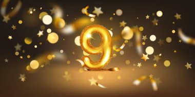 9 numaralı altın balon, yumuşak bokeh ışıkları ve dağınık altın yıldızlar ve kurdelelerle dolu karanlık bir zemin üzerine kurulmuş, neşeli ve kutlayıcı bir atmosfer yaratıyor..