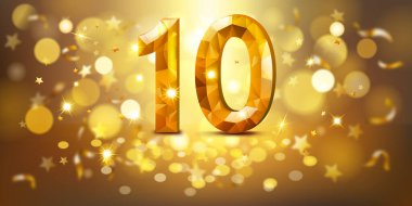 Altın 10 numara, mücevherimsi görünümlü, yumuşak bokeh ışıkları ve dağınık altın yıldızlarla dolu sıcak, altın bir zemin üzerine kurulmuş, neşeli ve kutlayıcı bir atmosfer yaratıyor..