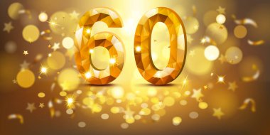 Altmış numaralı altın rakamlı, mücevherimsi görünümlü, yumuşak bokeh ışıkları ve dağınık altın yıldızlarla dolu sıcak, altın bir zemin üzerine kurulmuş, neşeli ve kutlayıcı bir atmosfer yaratıyor..