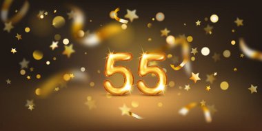 55 numaralı altın balon, yumuşak bokeh ışıkları ve dağınık altın yıldızlar ve kurdelelerle dolu karanlık bir zemin üzerine kurulmuş, neşeli ve kutlayıcı bir atmosfer yaratıyor..